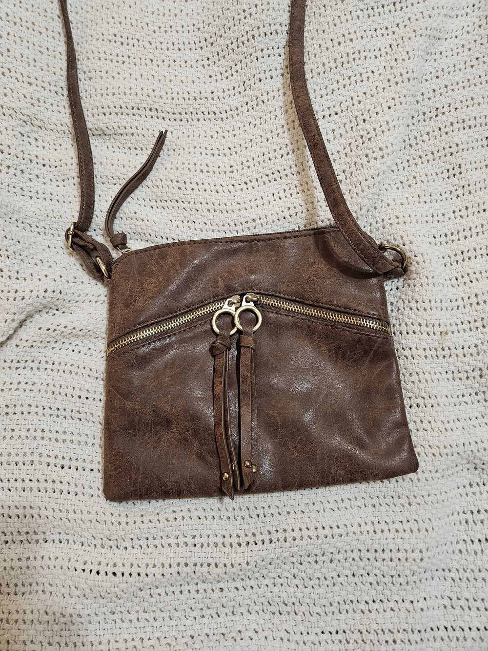 Classic Brown Faux-Leather Crossbody Bag with Gold Accents